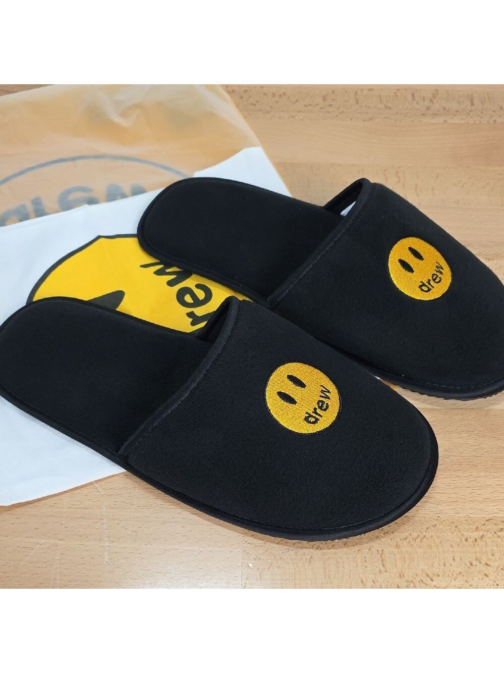 DREW Black Slip-On Slippers with Yellow Smiley Logo Dust Bag L/XL